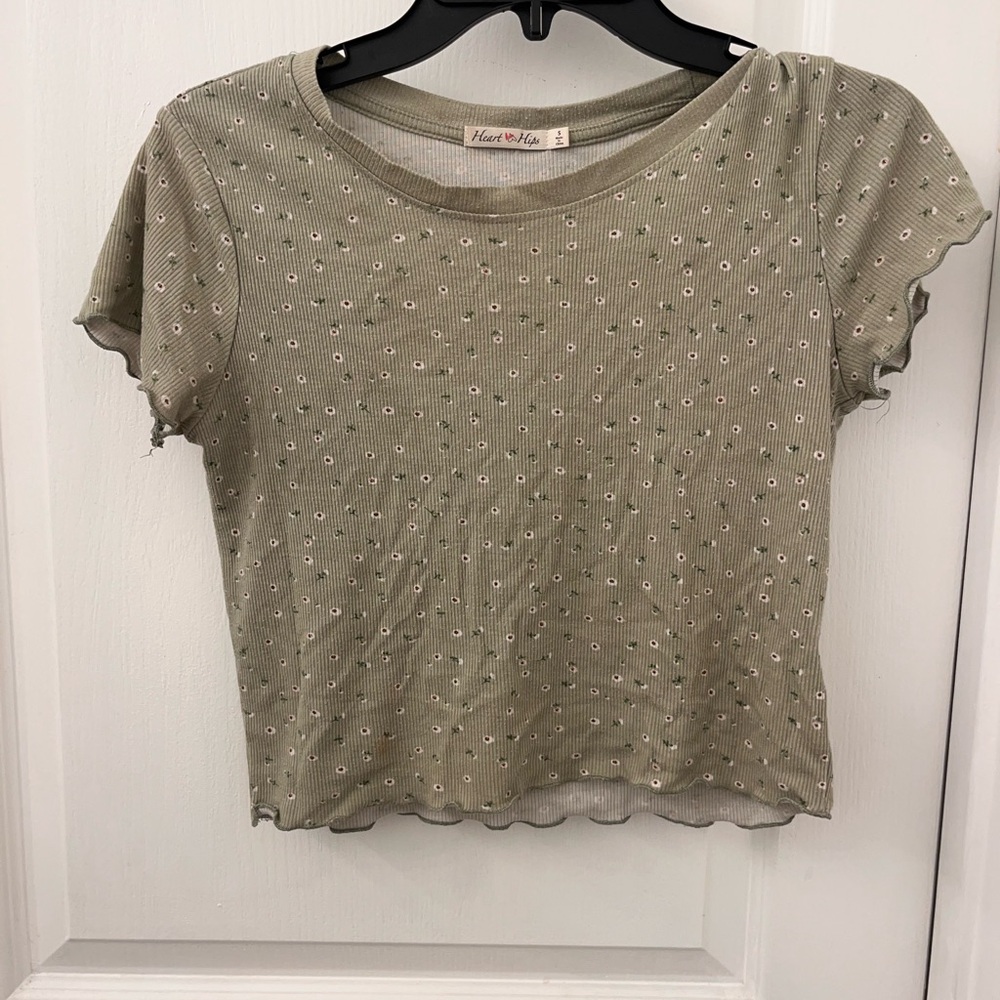 Green Floral Crop top, Ruffled Sleeves